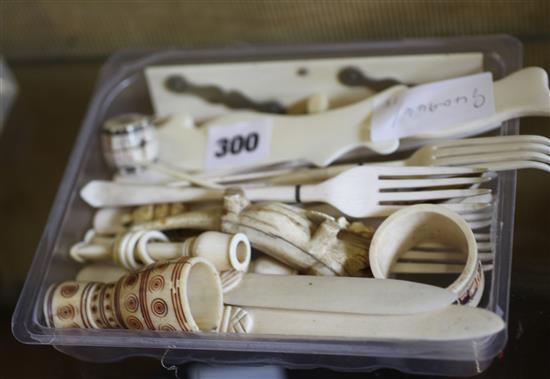 Ivory cutlery, mortar & qty of carved ivory items